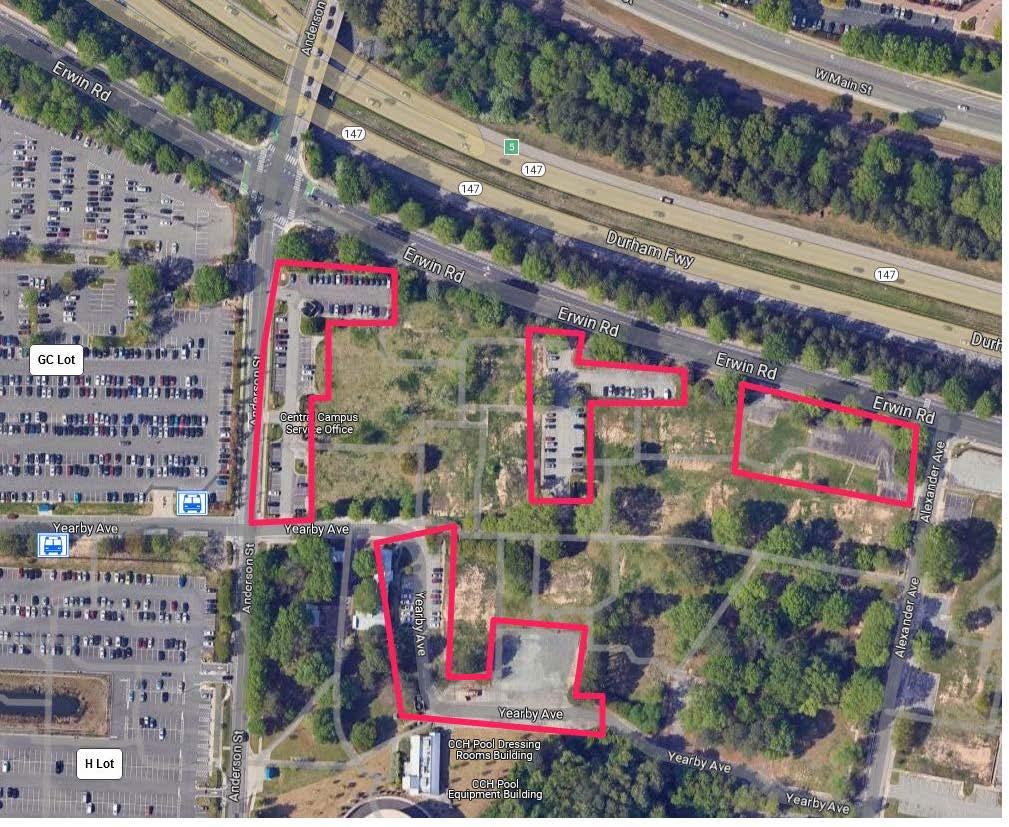 Map with four parking lots outlined in red